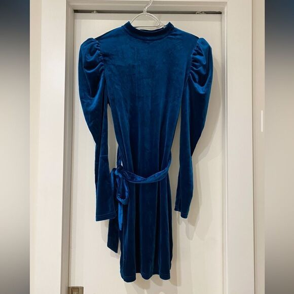 SHEIN blue turquoise velvet long sleeve puff shoulder belted short dress M NWOT - Picture 6 of 9